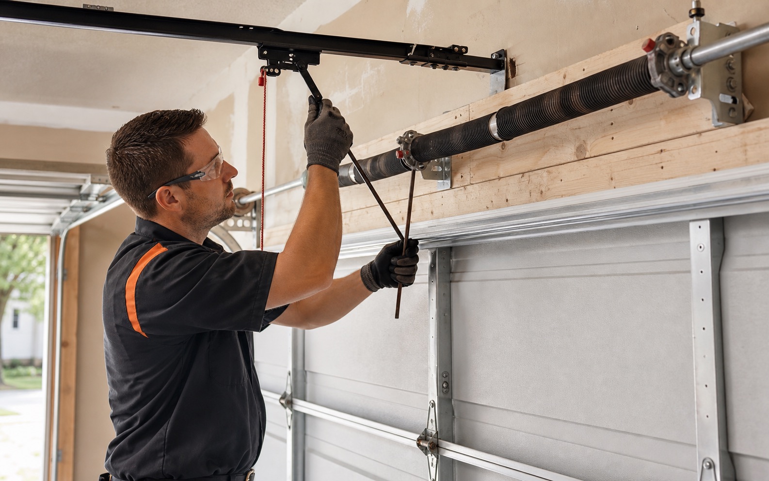 Technician replacing a torsion spring above a garage door